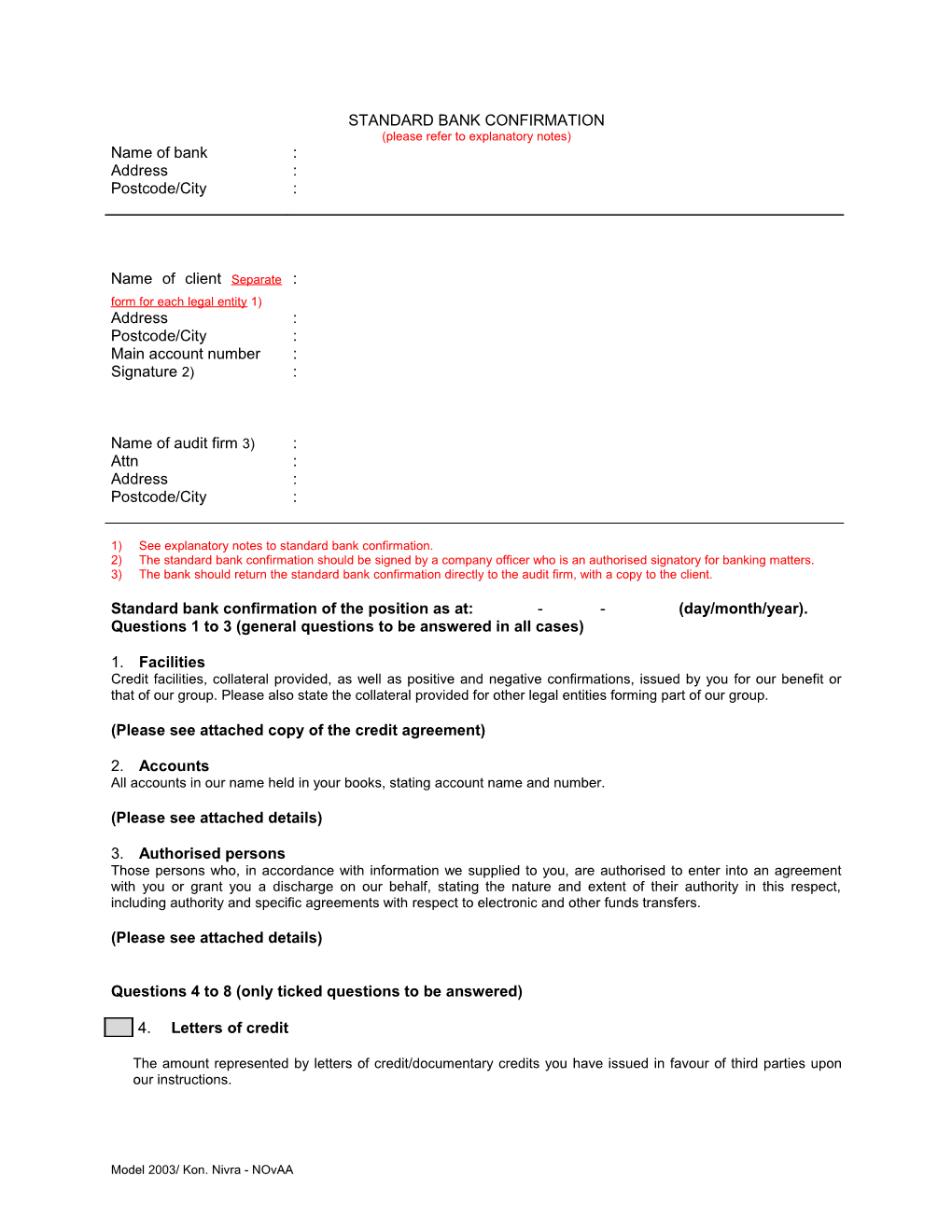 Standard Bank Confirmation Form