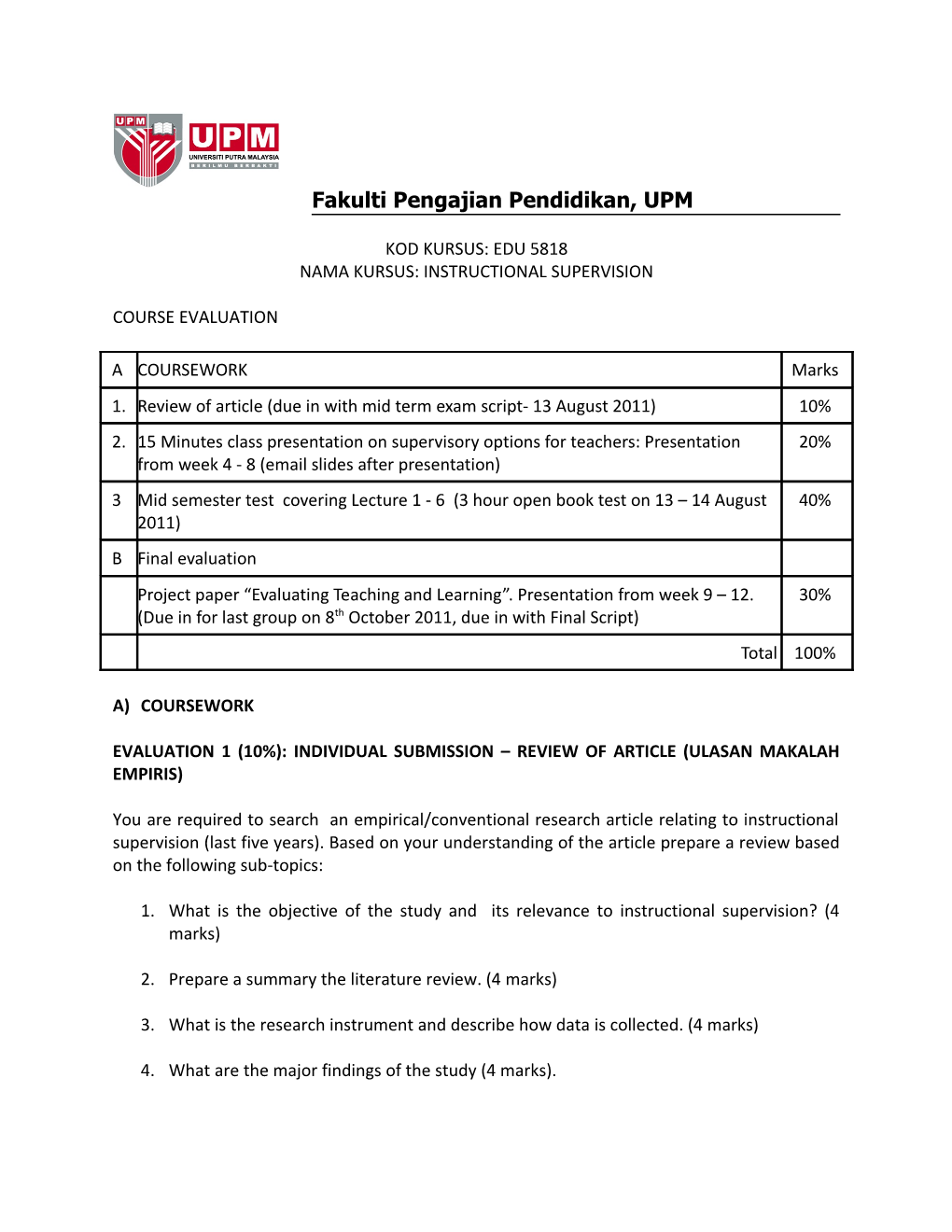 Evaluation 1 (10%): Individual Submission Review of Article (Ulasan Makalah Empiris)