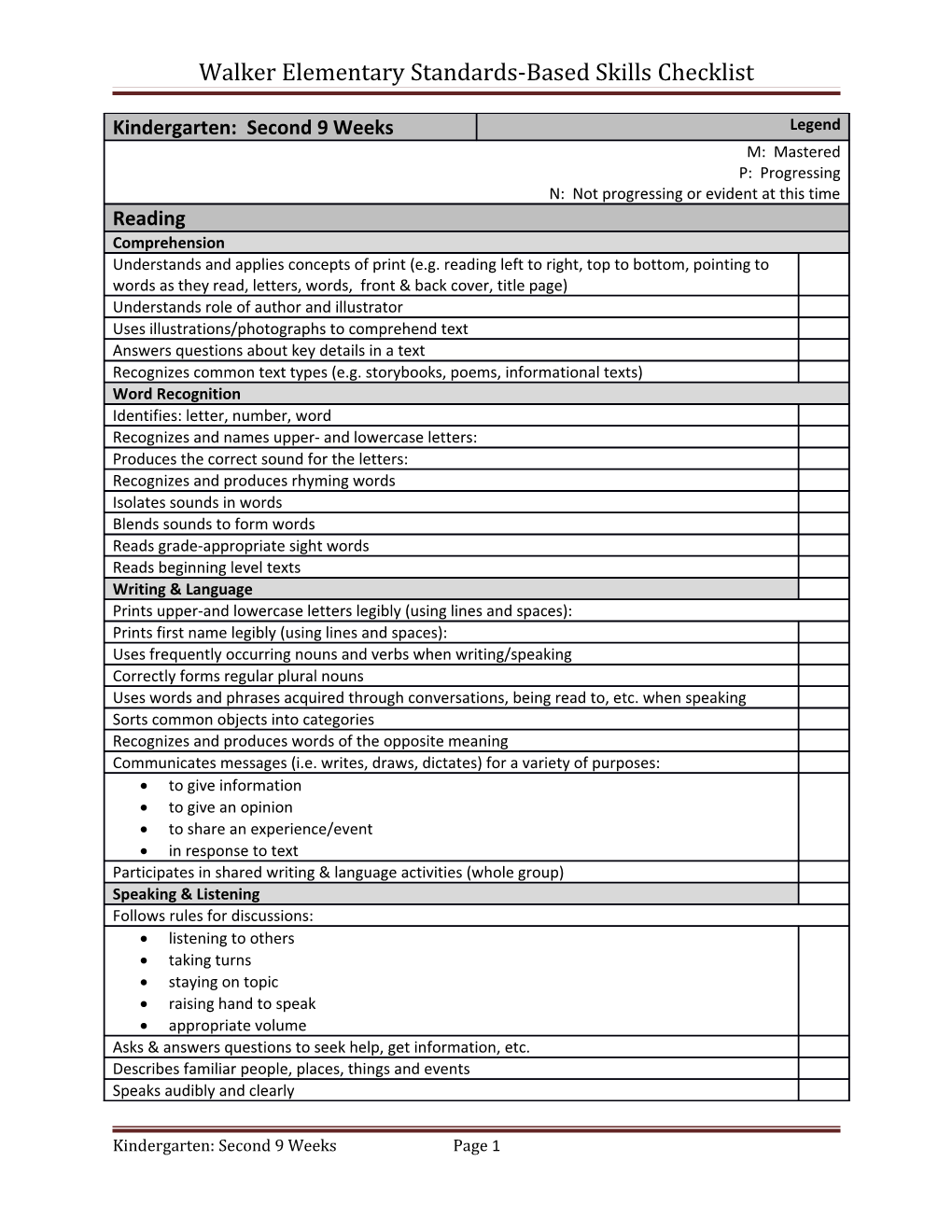 Walker Elementary Standards-Based Skills Checklist