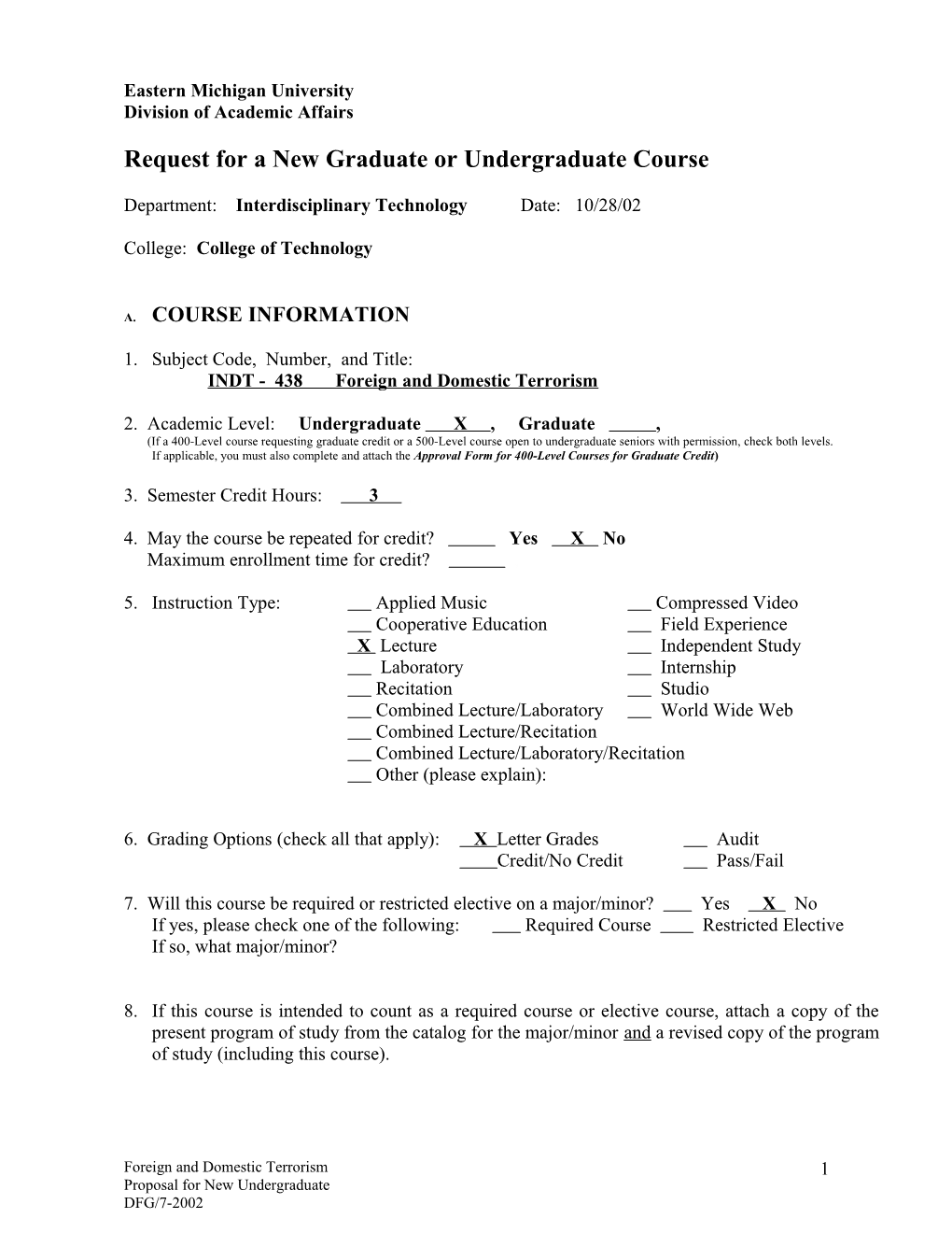 Request for a New Graduate Or Undergraduate Course