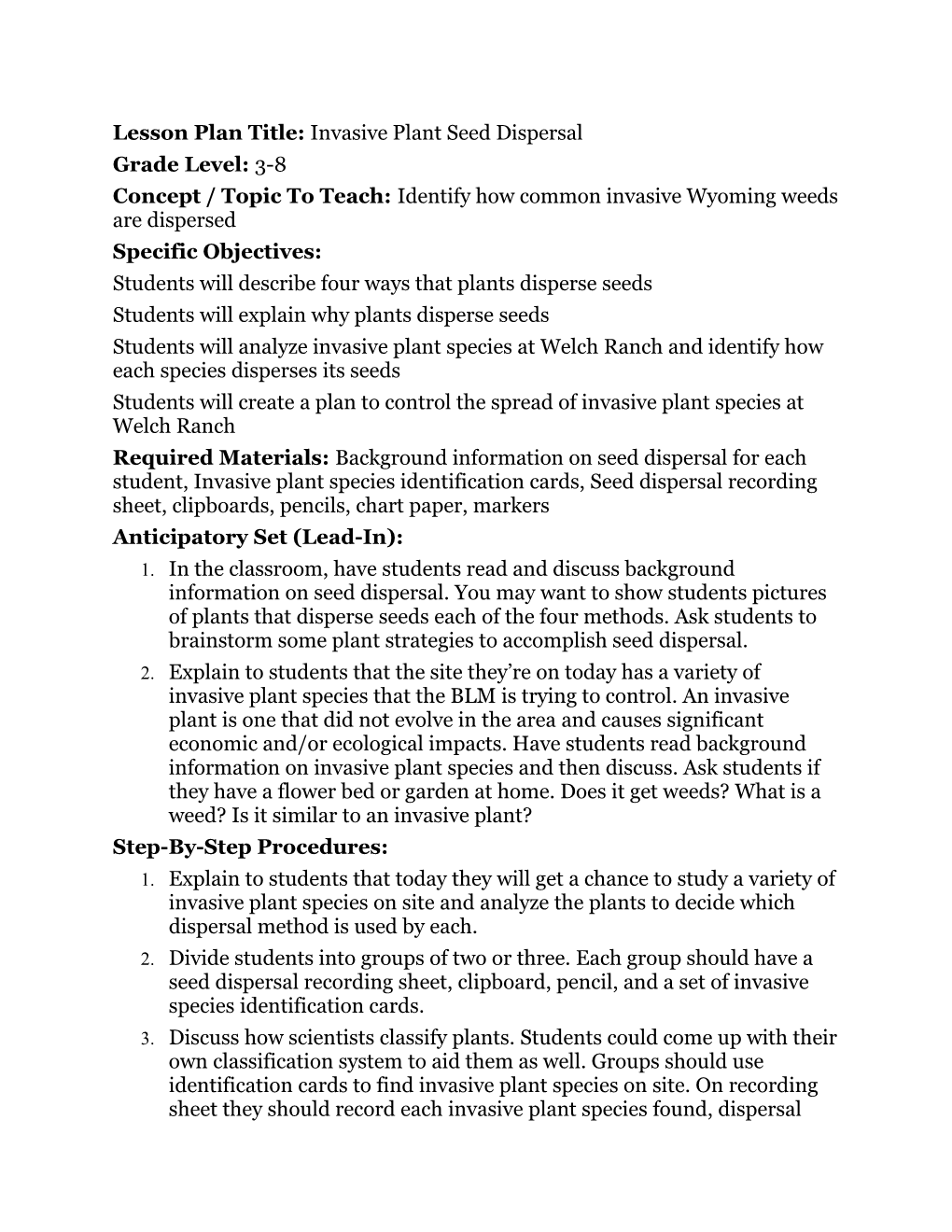 Lesson Plan Title: Invasive Plant Seed Dispersal