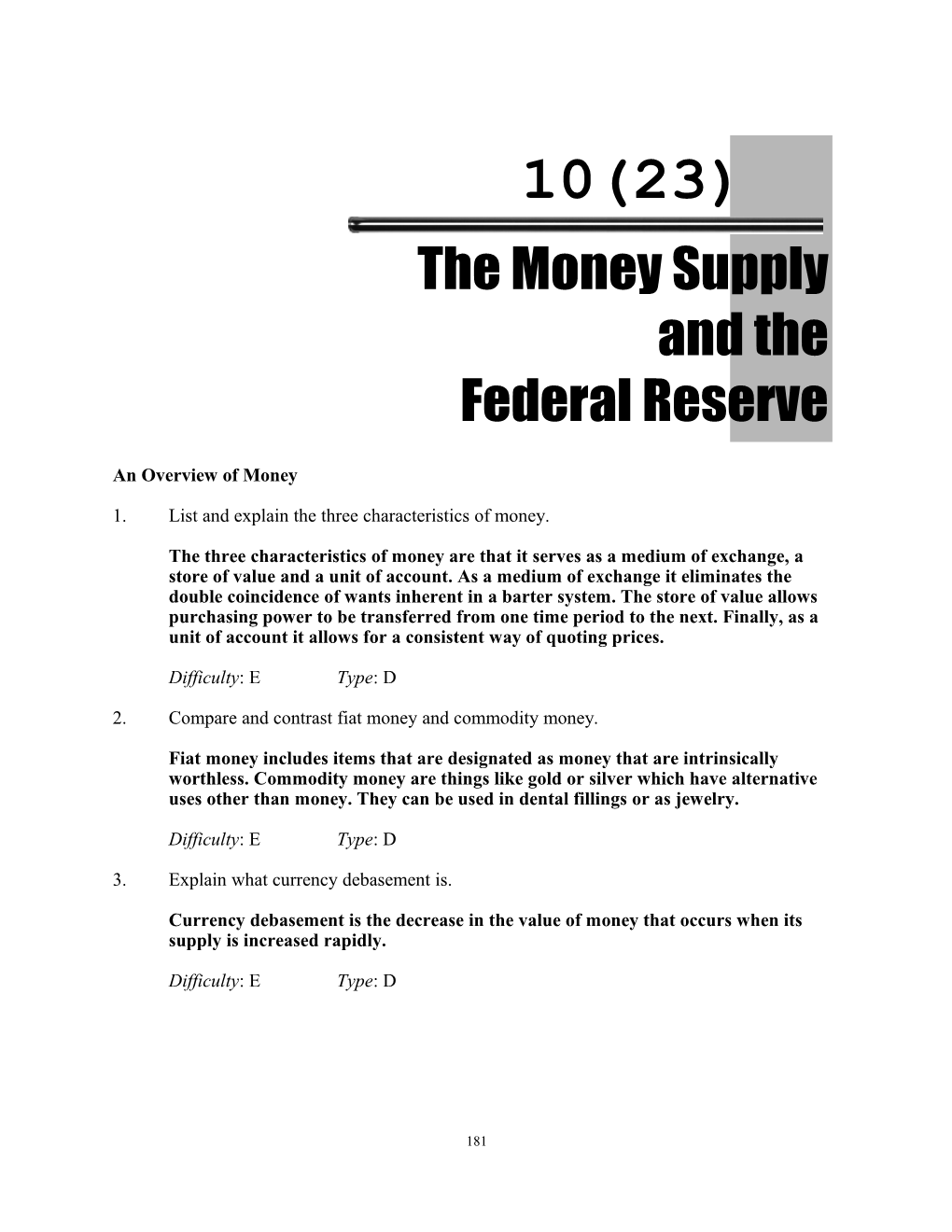 Chapter 10 (23): the Money and the Federal Reserve