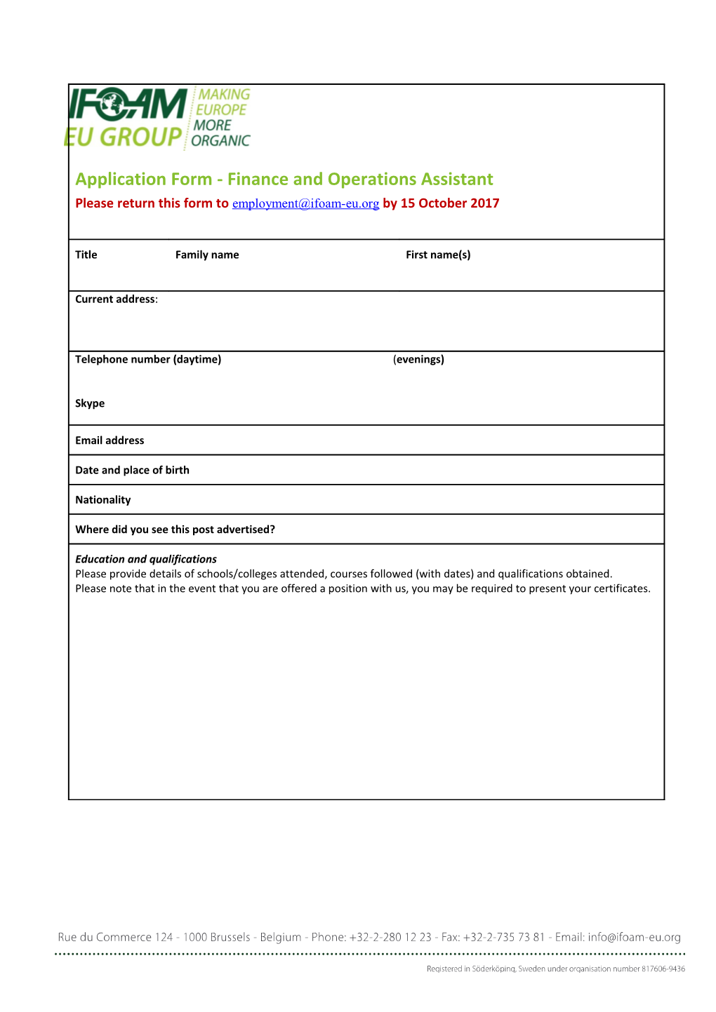 Application Form - Finance and Operations Assistant