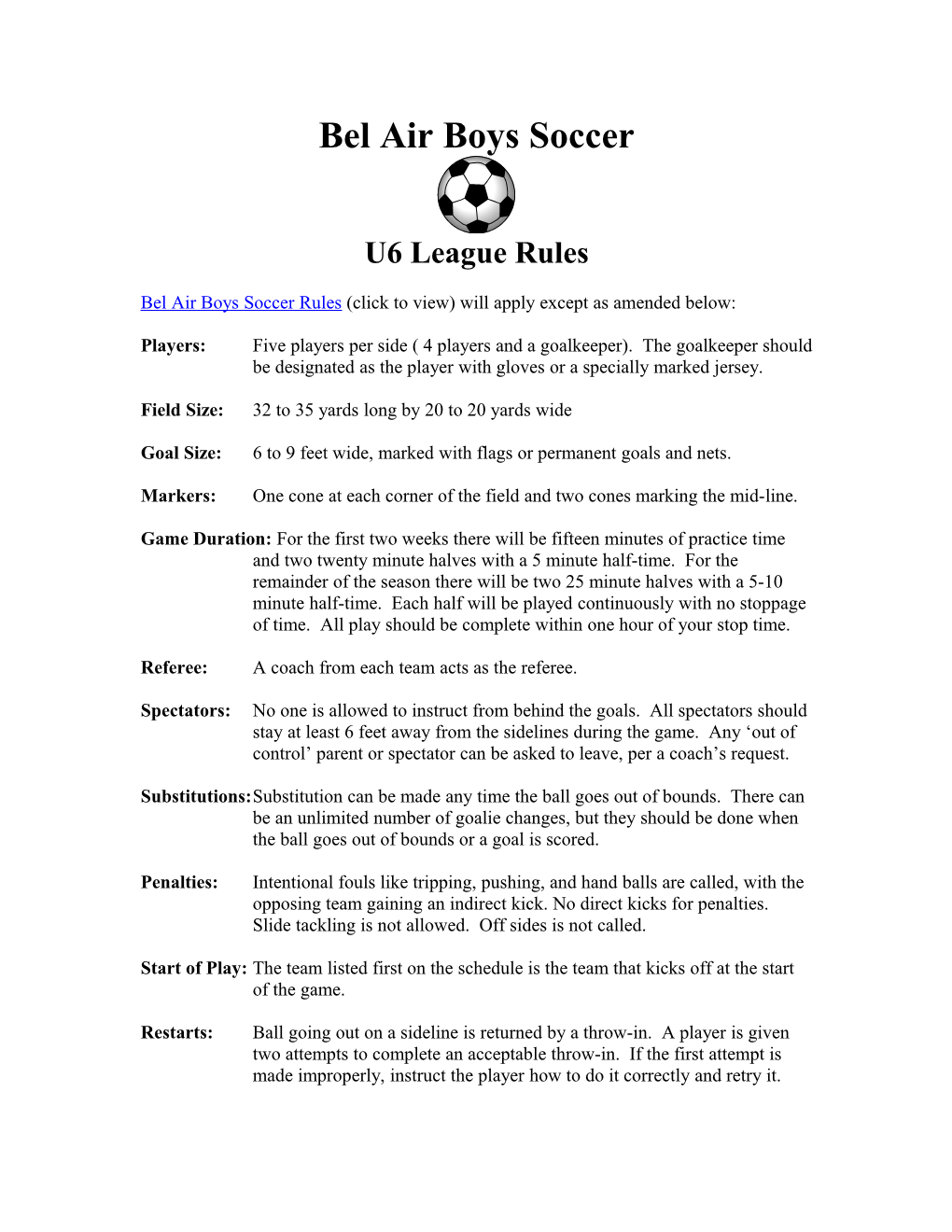 Rules for U6 Soccer