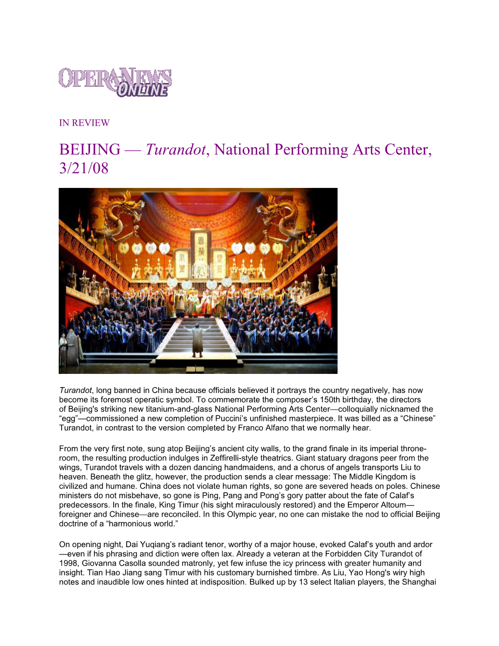 BEIJING Turandot, National Performing Arts Center, 3/21/08