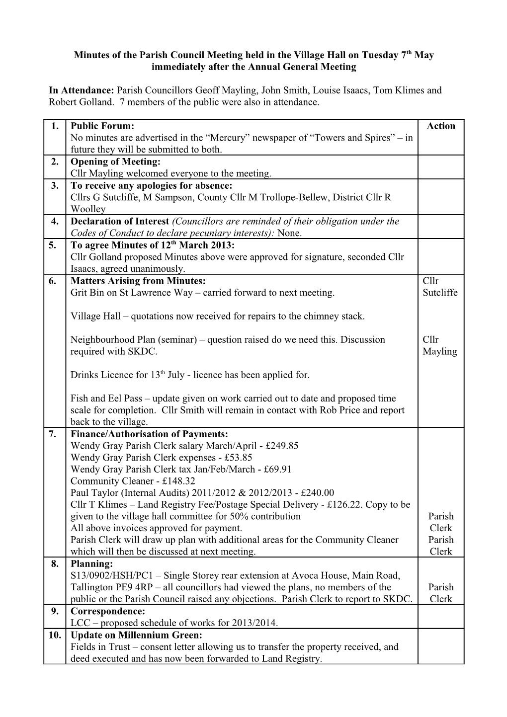 Minutes of Tallington Parish Council Meeting Held in the Village Hall on Tuesday 8Th December