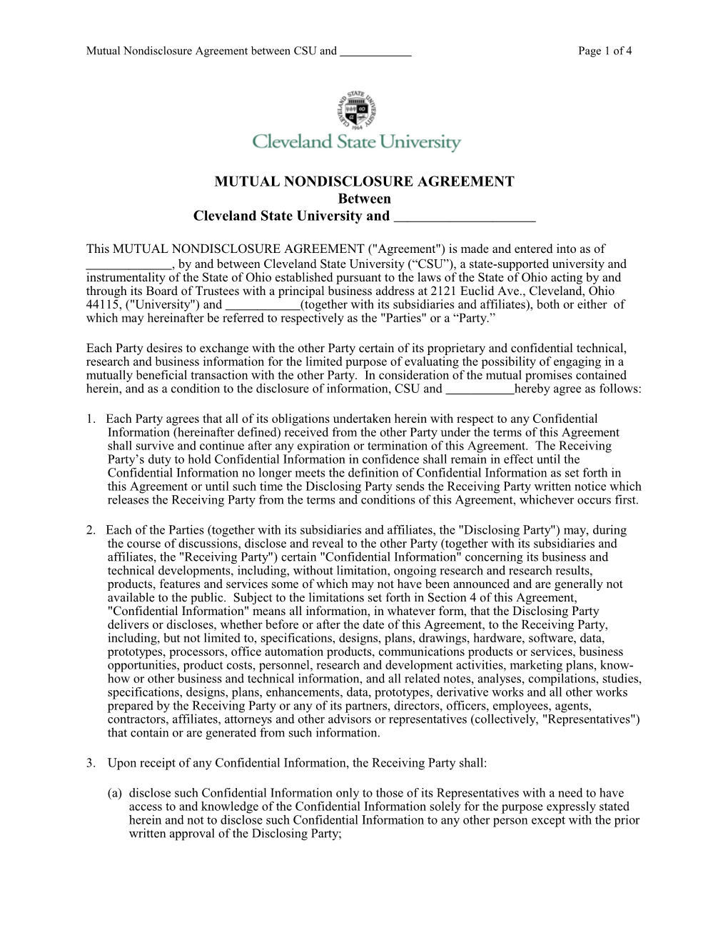 Mutual Nondisclosure Agreementbetweencsu and Page 1 of 4