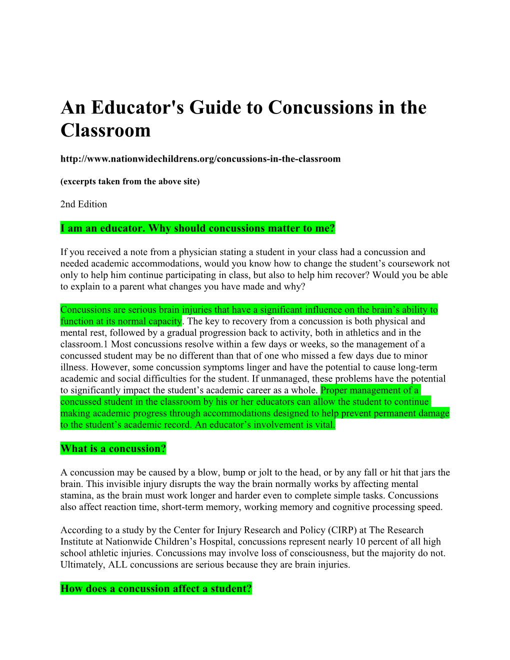 An Educator's Guide to Concussions in the Classroom