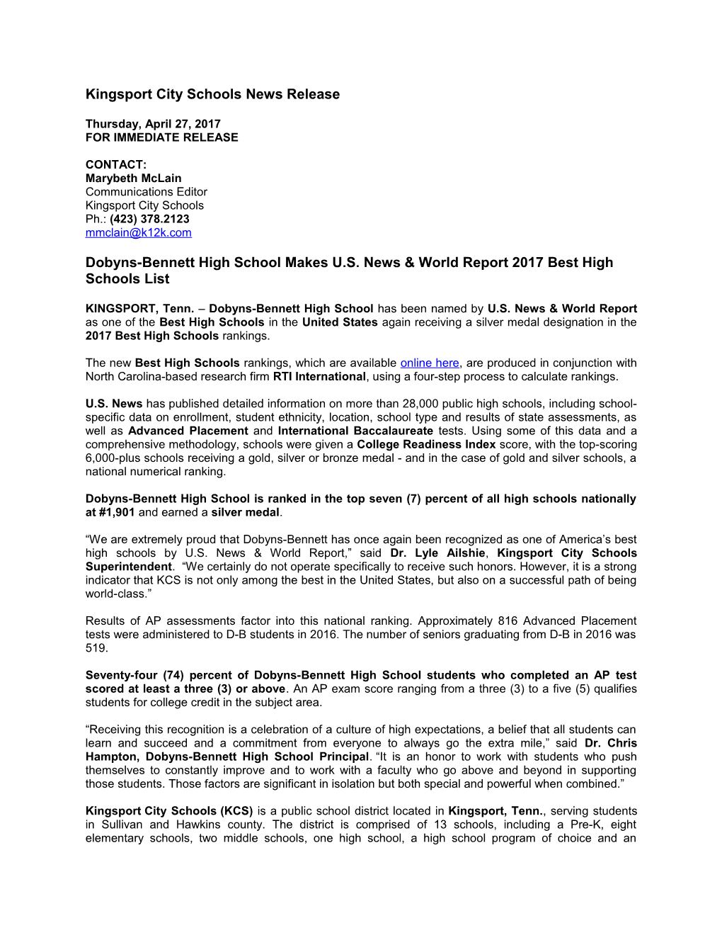 Kingsport City Schools News Release