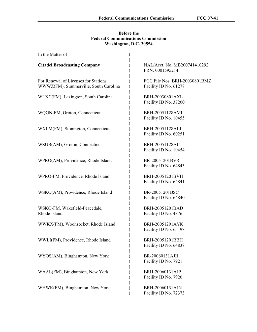 Federal Communications Commissionfcc 07-41