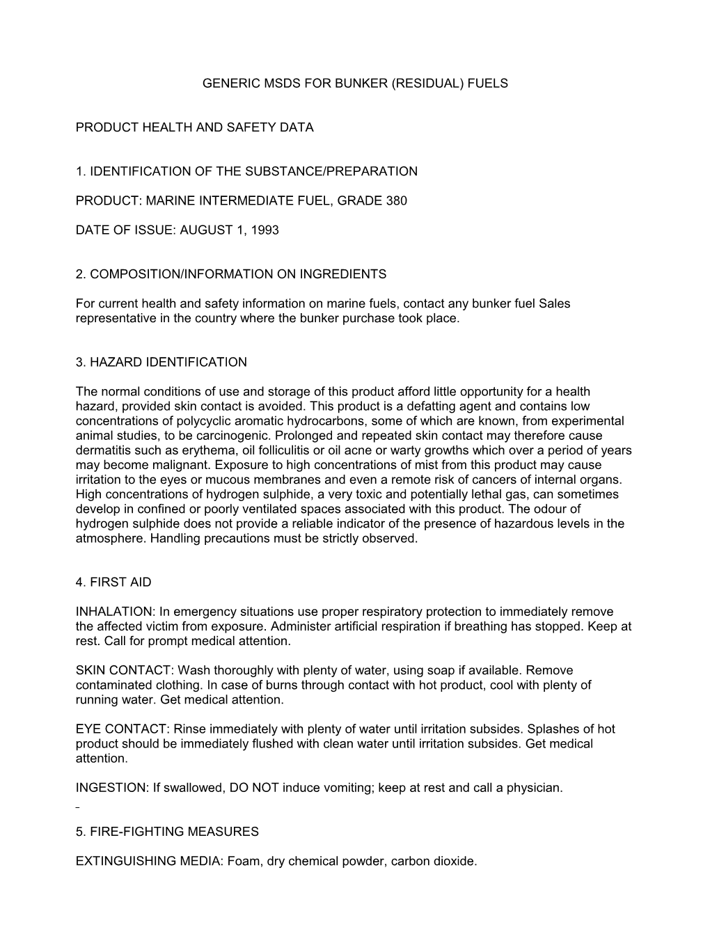 Generic Msds for Bunker (Residual) Fuels