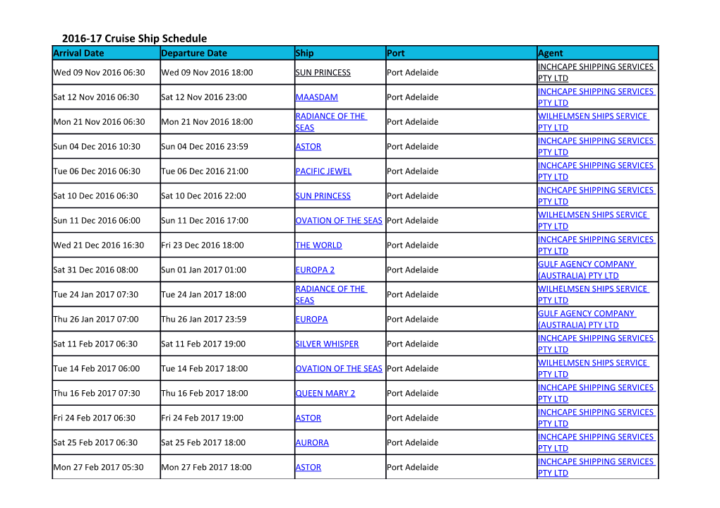 2016-17 Cruise Ship Schedule