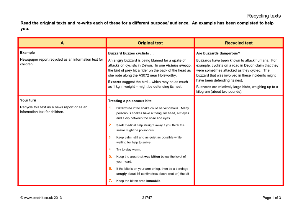 Read the Original Texts and Re-Write Each of These for a Different Purpose/ Audience