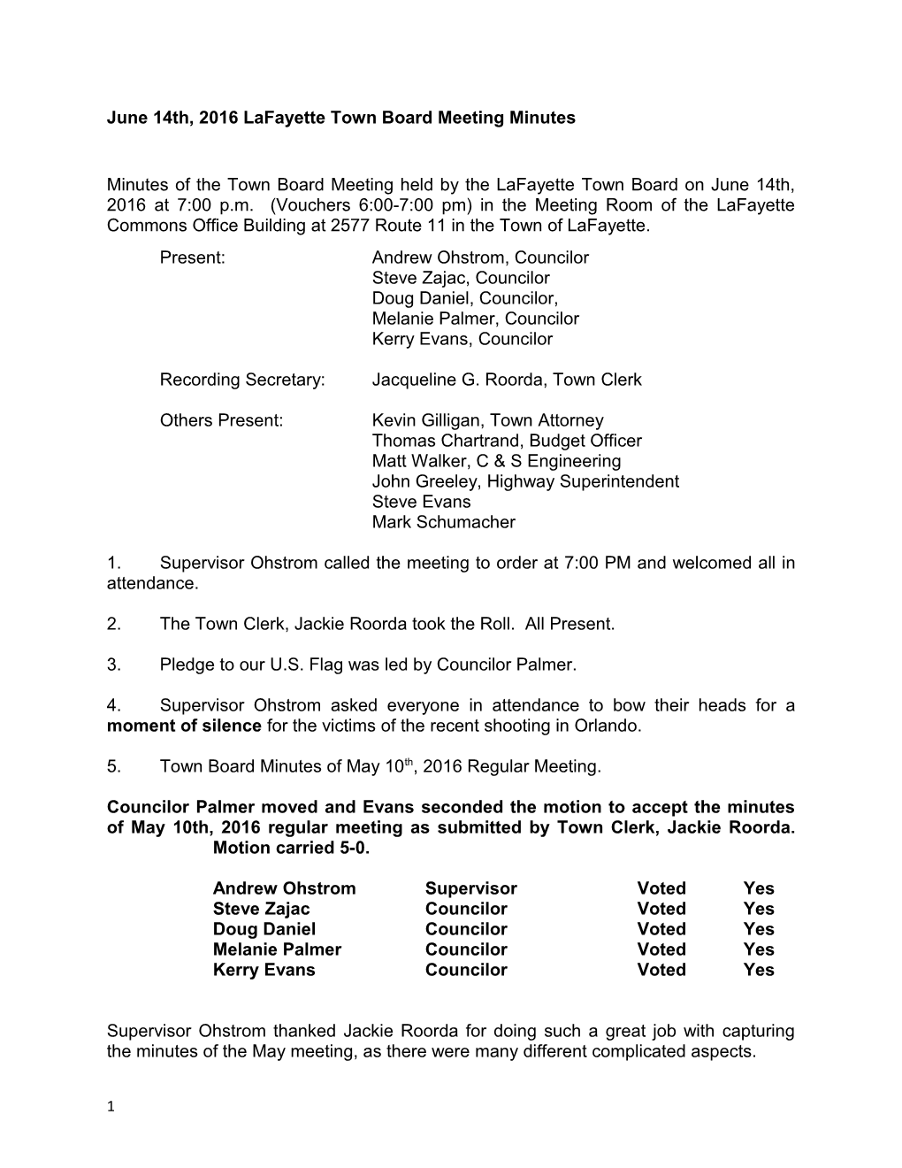 June 14Th, 2016 Lafayette Town Board Meeting Minutes