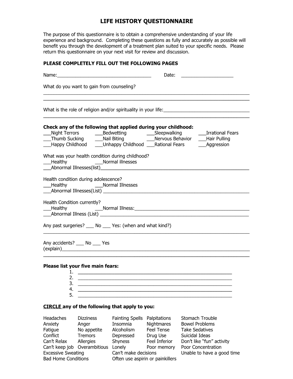 Life History Questionnaire