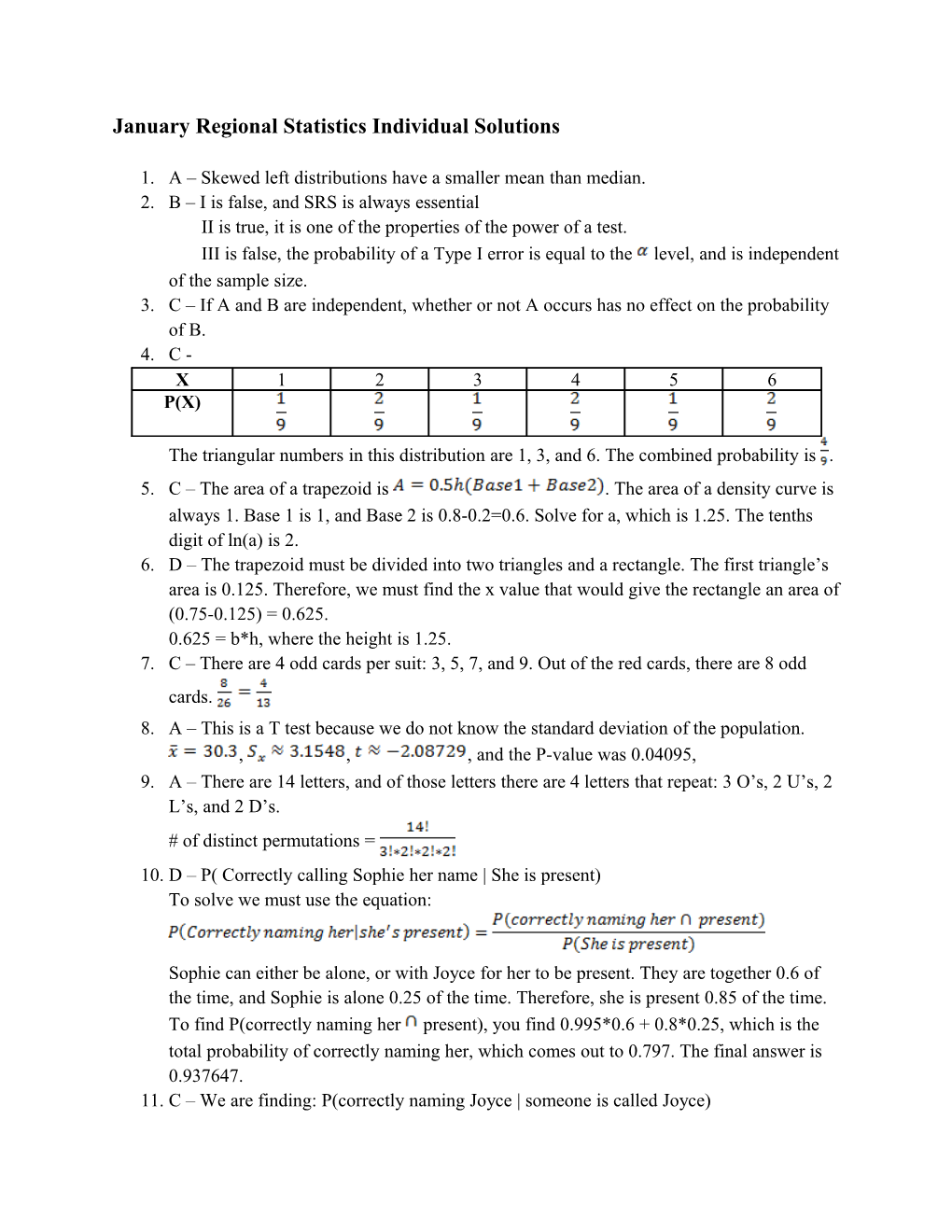 January Regional Statistics Individual Solutions