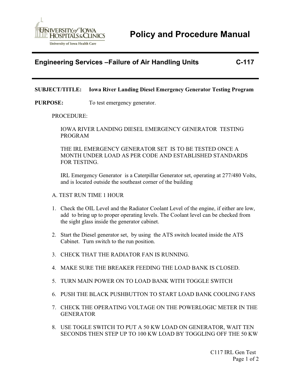 Iowa River Landing Diesel Emergency Generator Testing Program