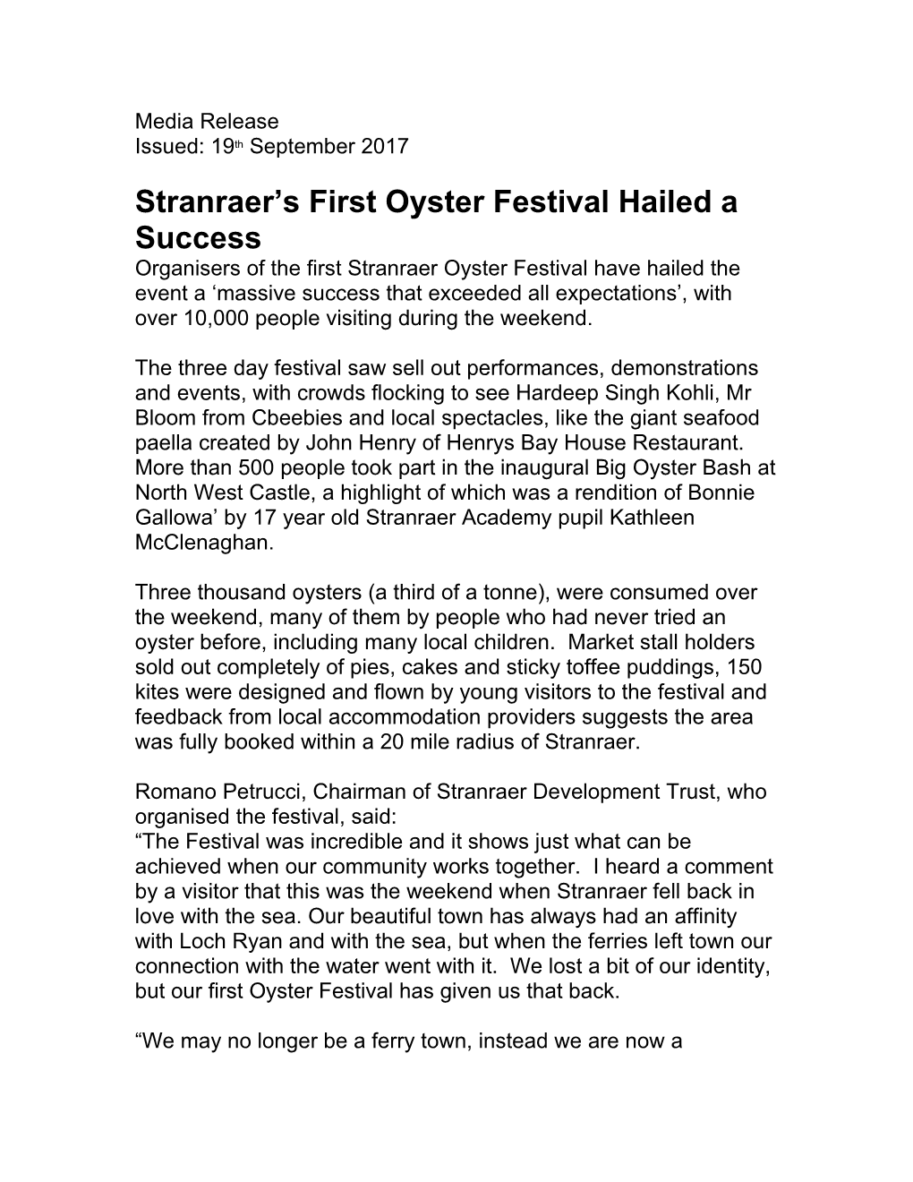 Stranraer S First Oyster Festival Hailed a Success