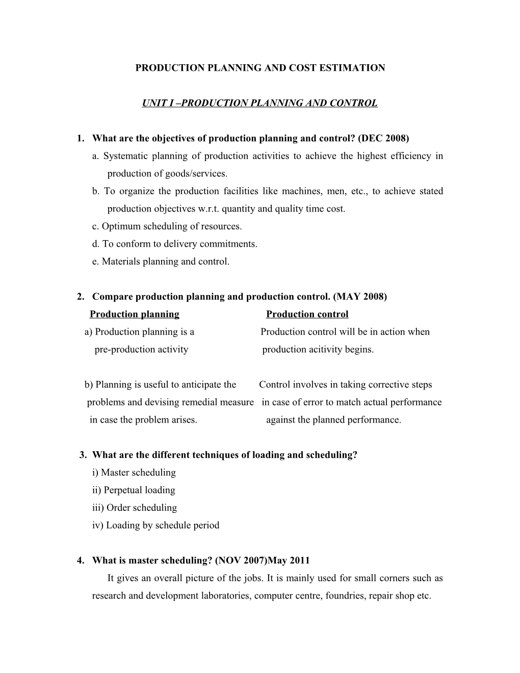 Production Planning and Cost Estimation