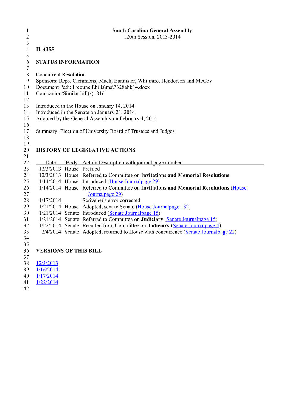 2013-2014 Bill 4355: Election of University Board of Trustees and Judges - South Carolina