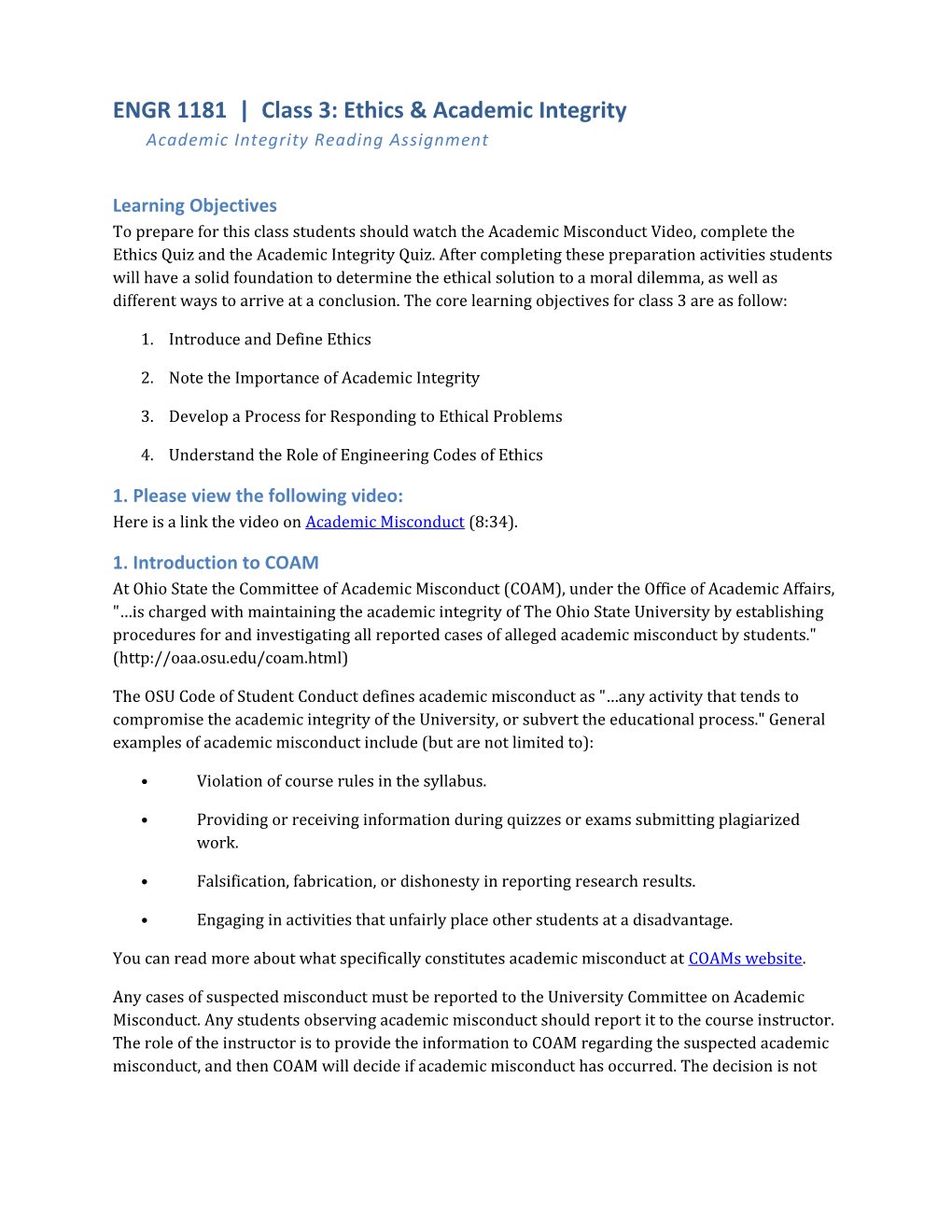 ENGR 1181 Class 3: Ethics & Academic Integrityacademic Integrity Reading Assignment