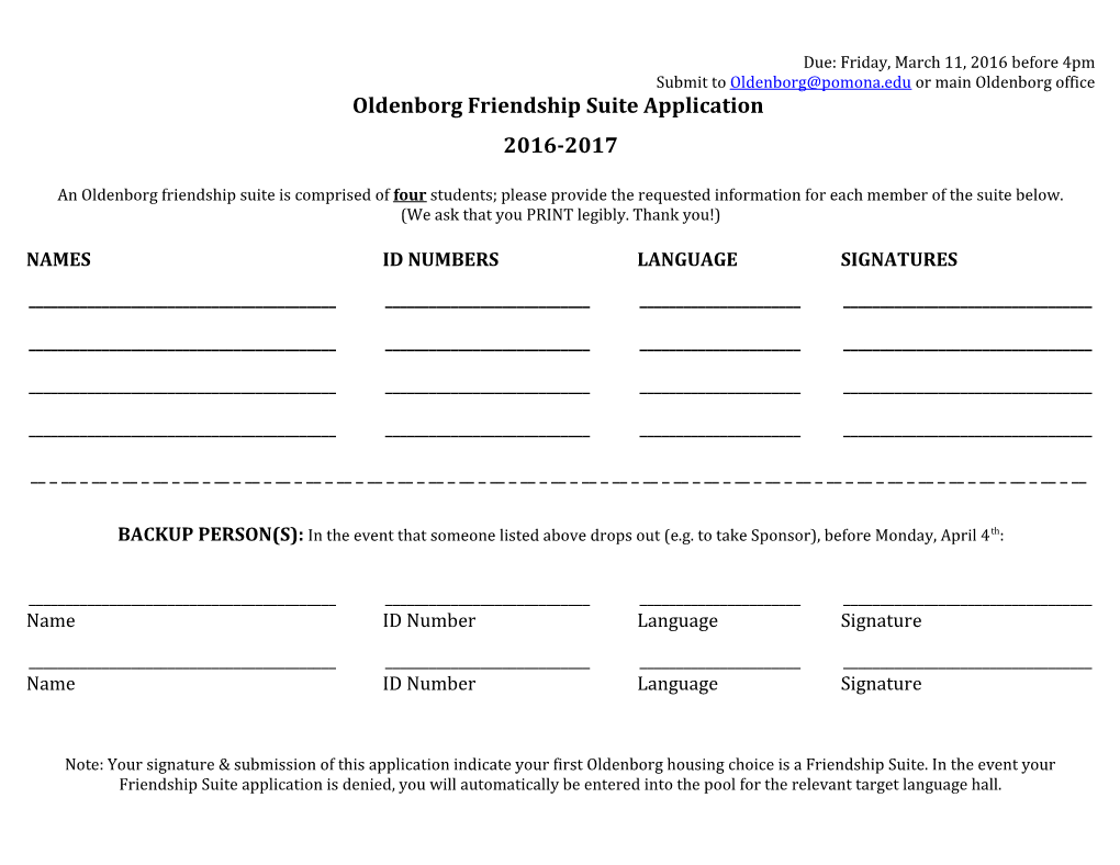 Oldenborg Friendship Suite Application