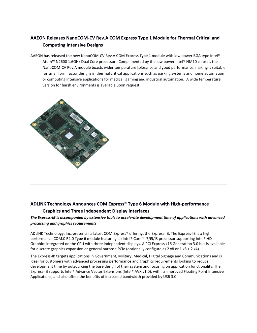 AAEON Releases Nanocom-CV Rev.A COM Express Type 1 Module for Thermal Critical and Computing