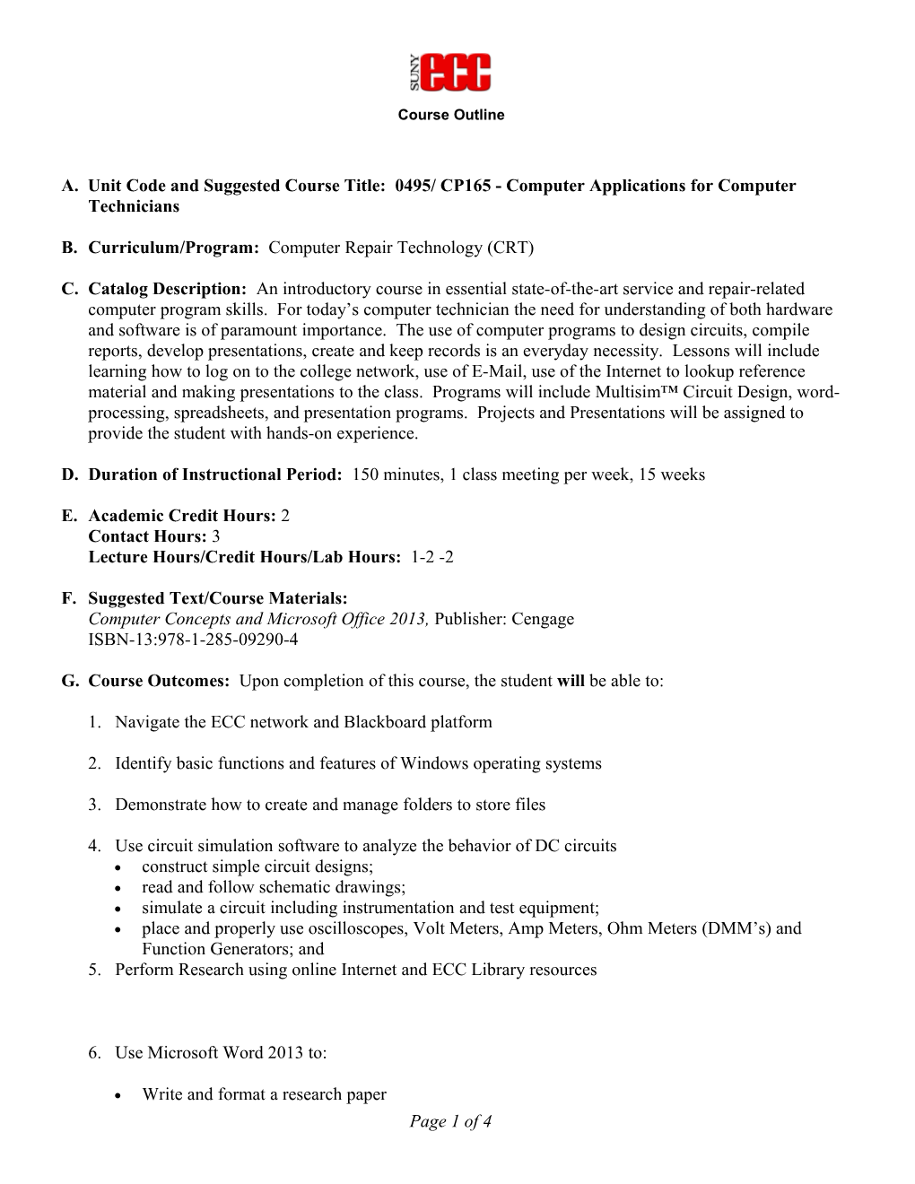Course Outline CP-165 Computer Applications for Computer Technicians