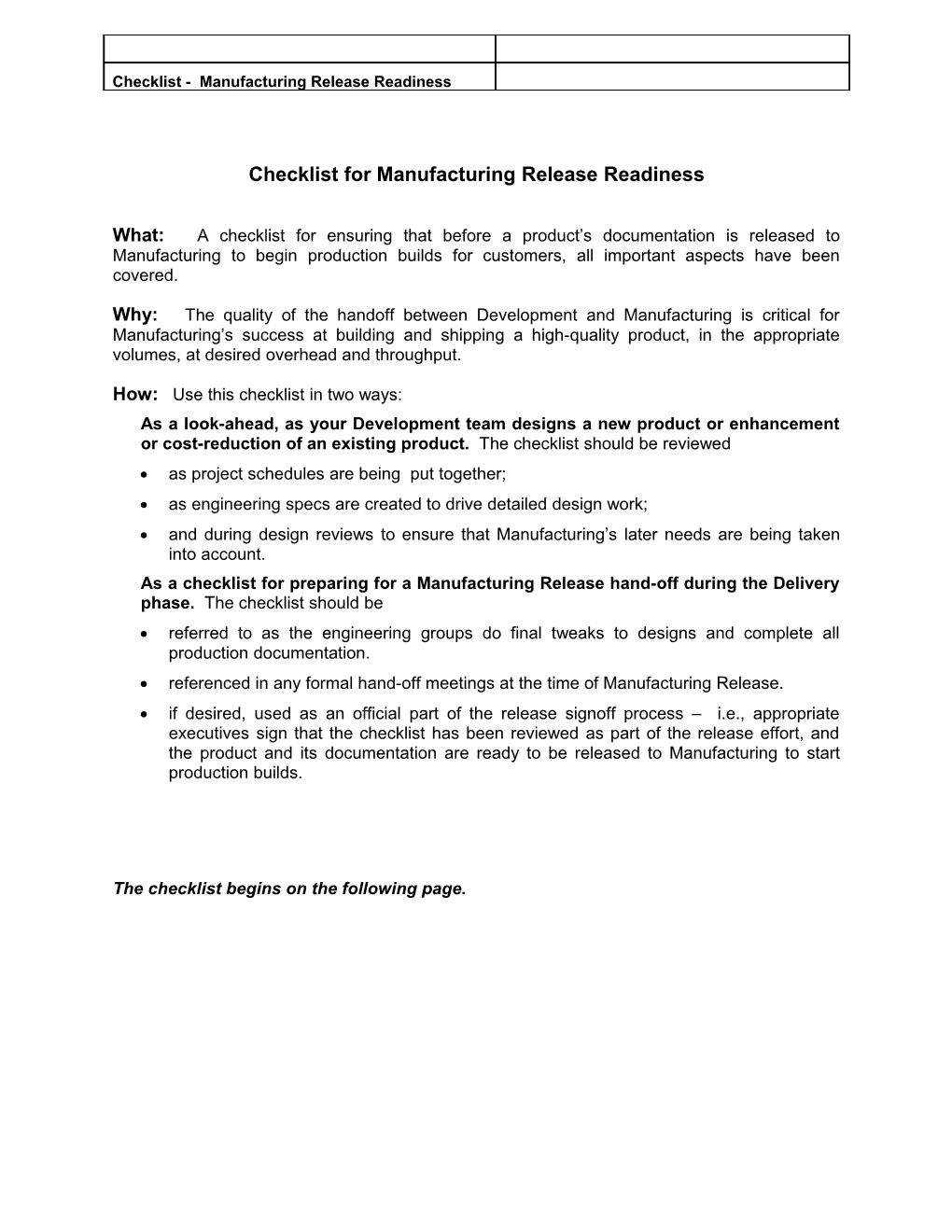 Guideline for Mfg Release Readiness