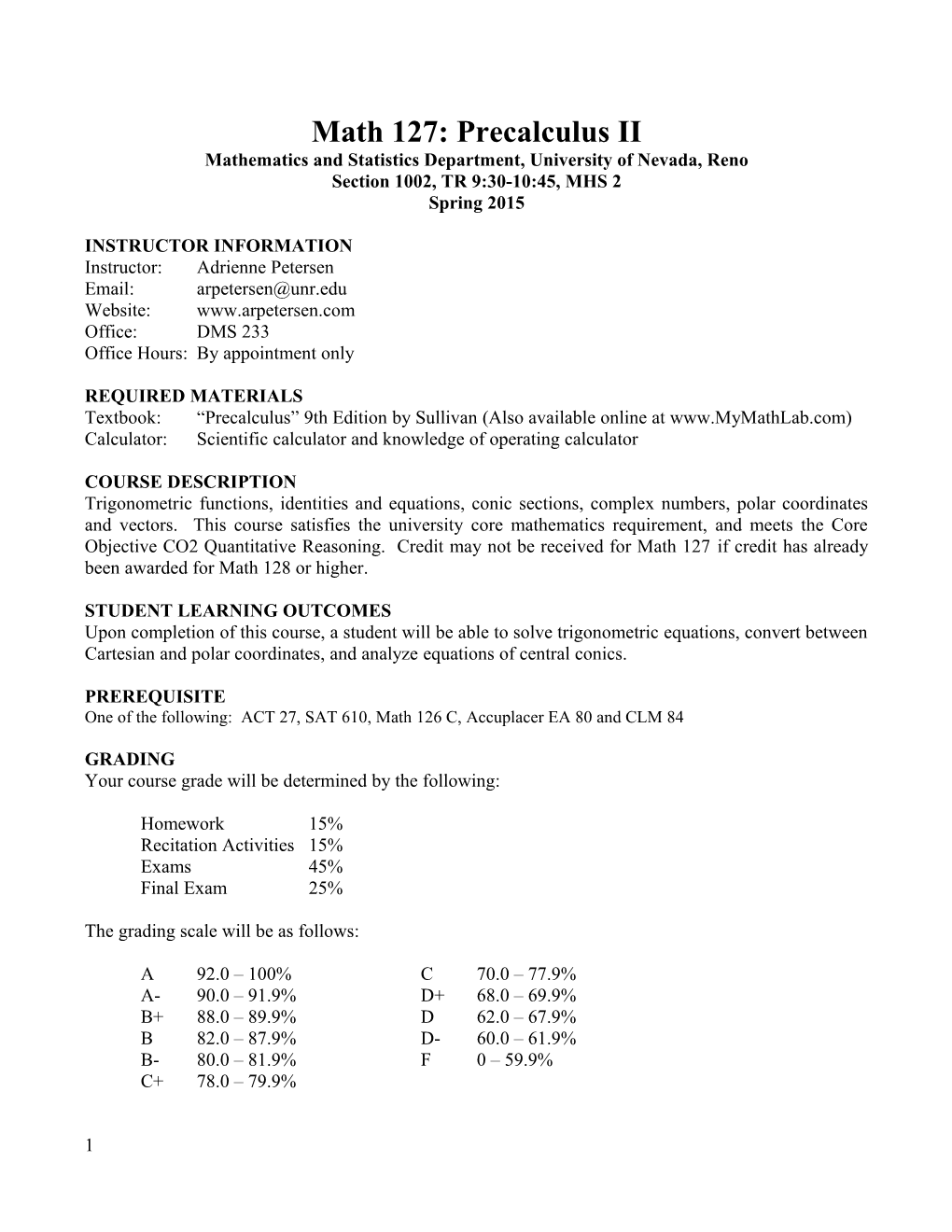 Mathematics and Statistics Department, University of Nevada, Reno