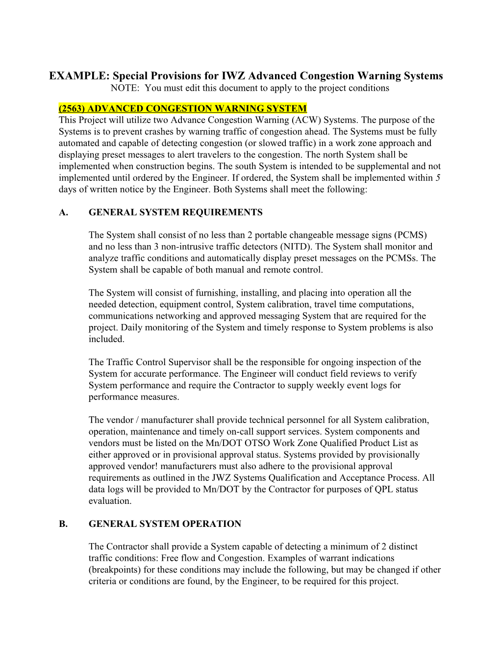 EXAMPLE: Special Provisions for IWZ Advanced Congestion Warning Systems