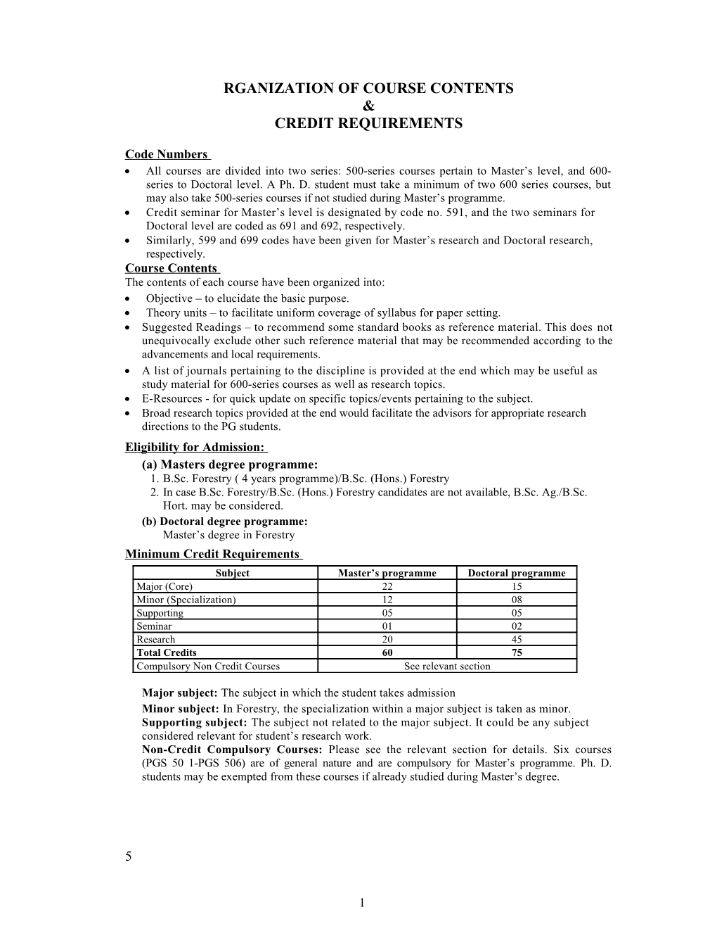 Rganization of Course Contents Credit Requirements