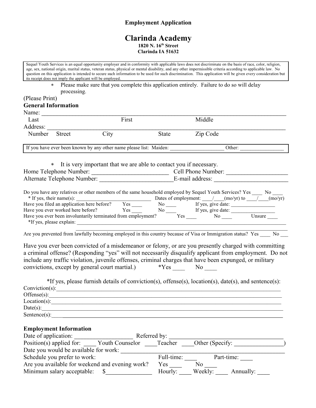 Sequel Youth Services Employment Application
