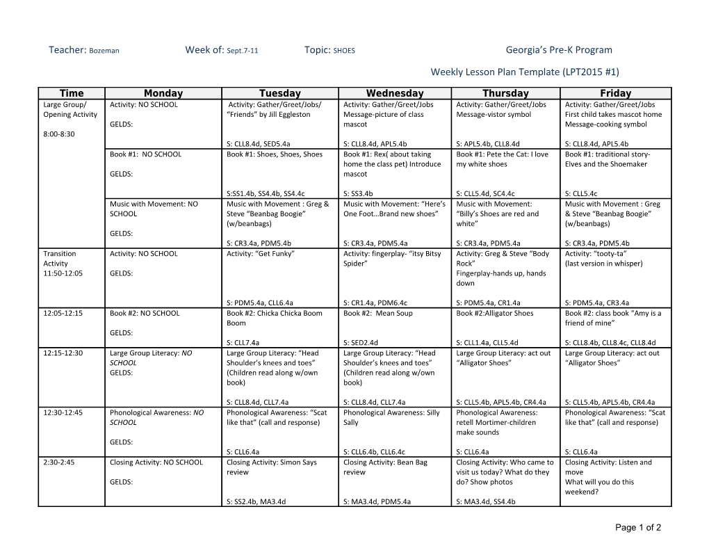 Teacher: Bozeman Week Of: Sept.7-11 Topic: SHOES Georgia S Pre-K Program