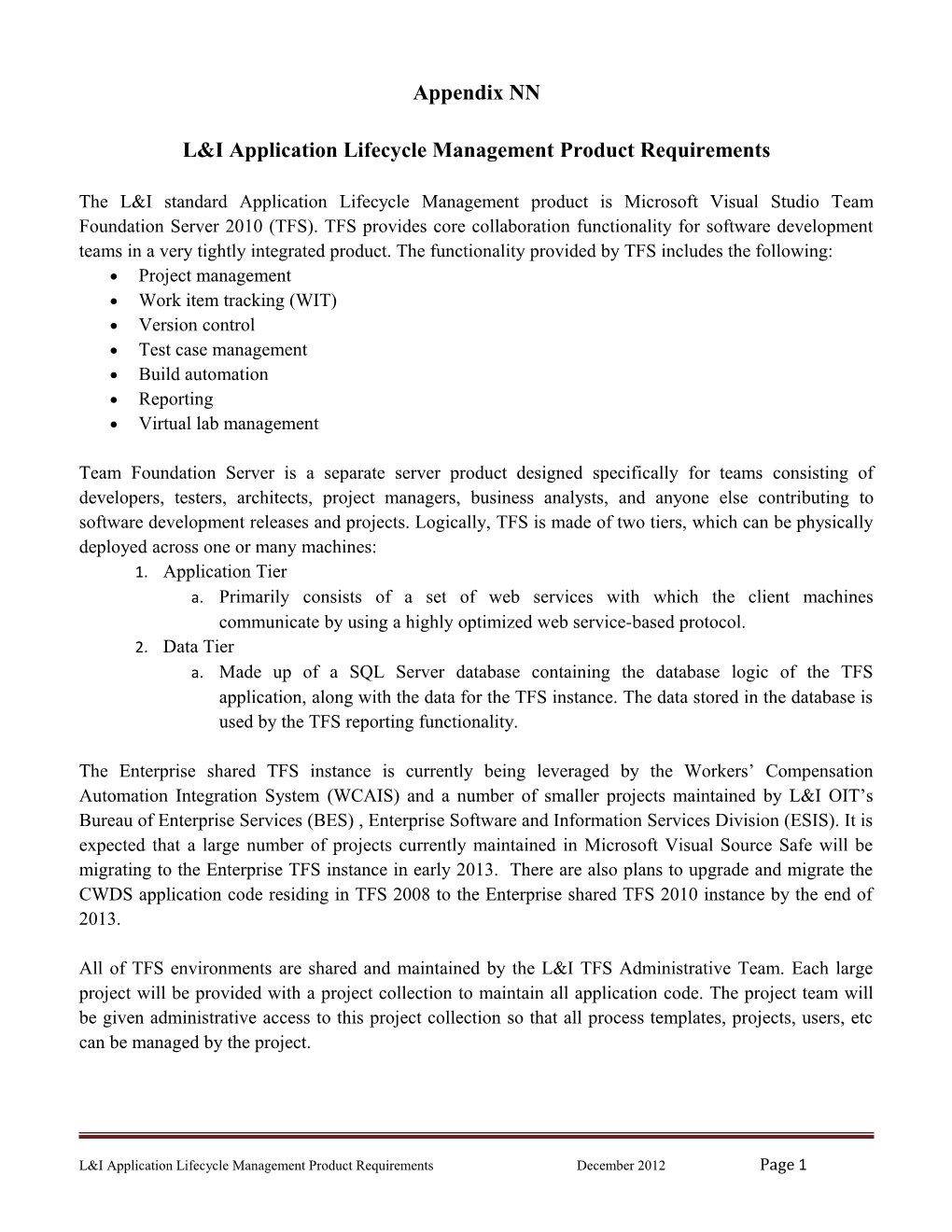 L&I Application Lifecycle Management Product Requirements