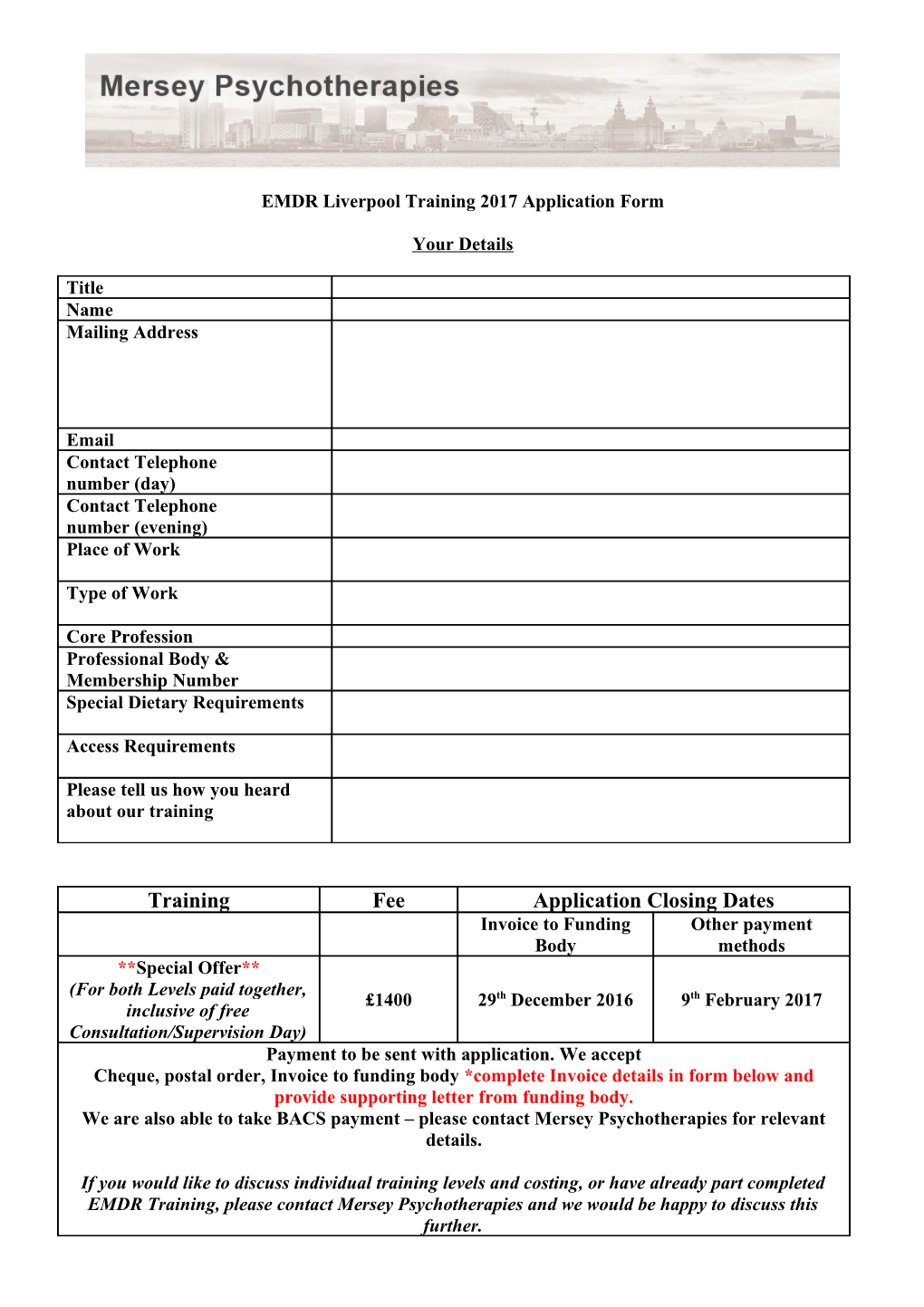 EMDR Liverpool Training Application Form