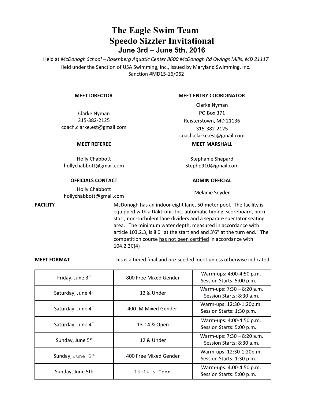 The Eagle Swim Team Speedo Sizzler Invitationaljune 3Rd June 5Th, 2016