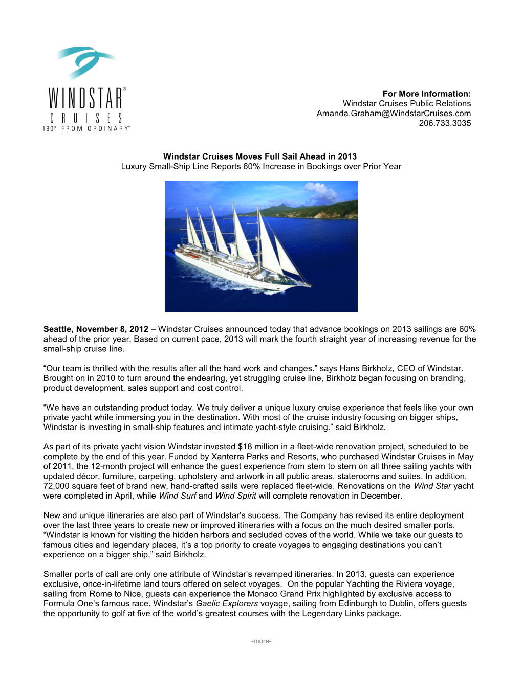 Windstar Cruises Moves Full Sail Ahead in 2013