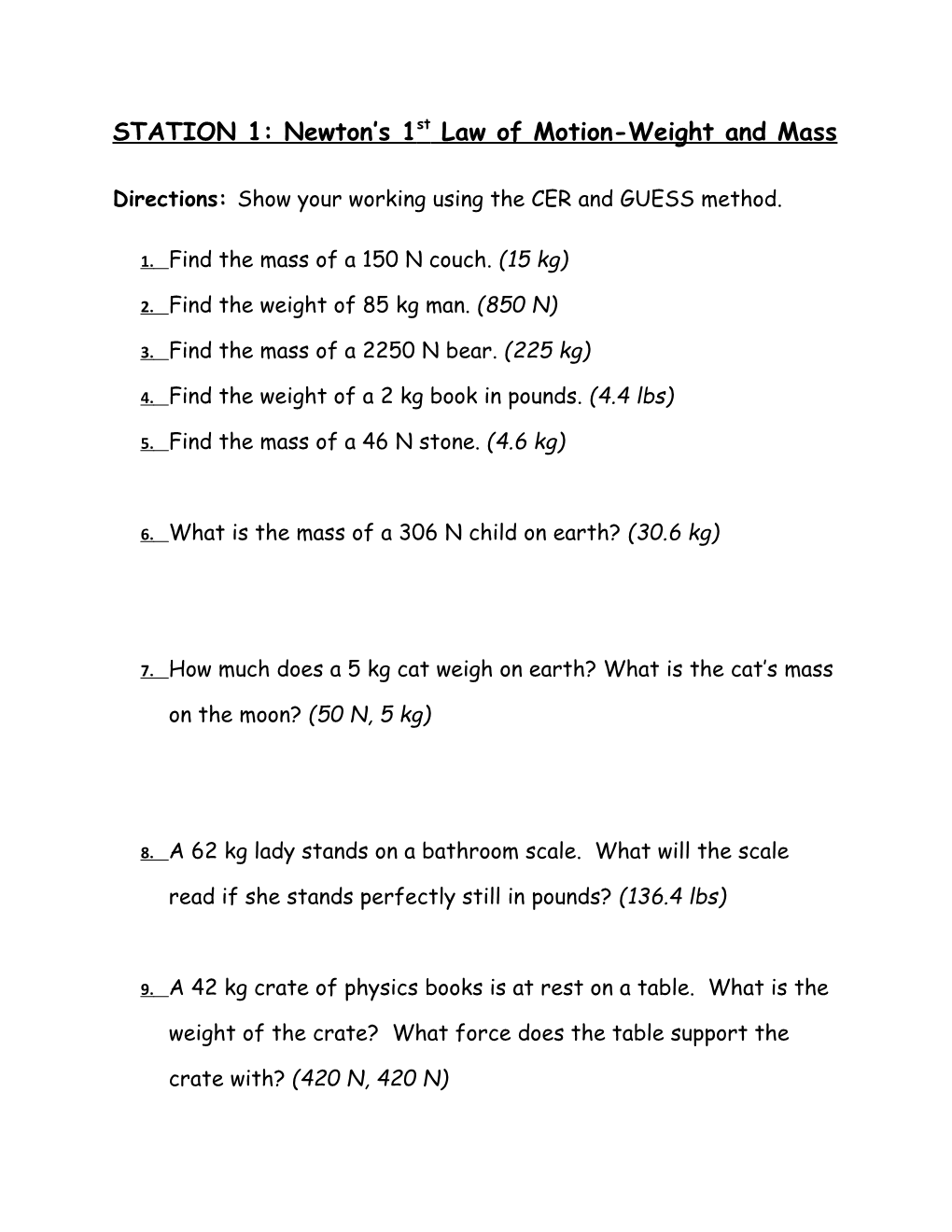 STATION 1: Newton S 1St Law of Motion-Weight and Mass