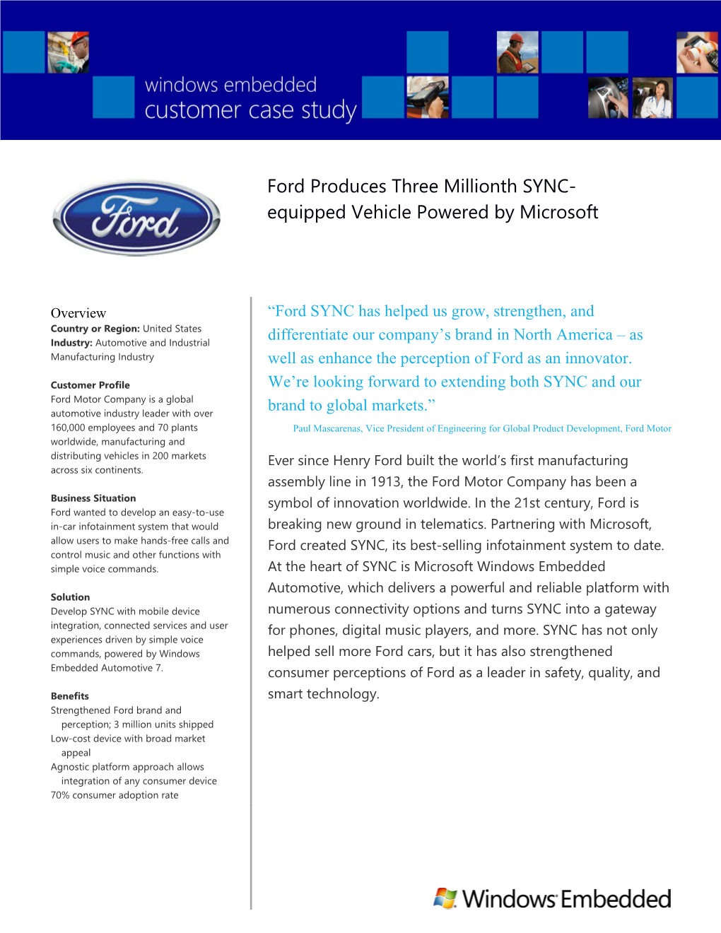 Ford Produces Three Millionth SYNC-Equipped Vehicle Powered by Microsoft