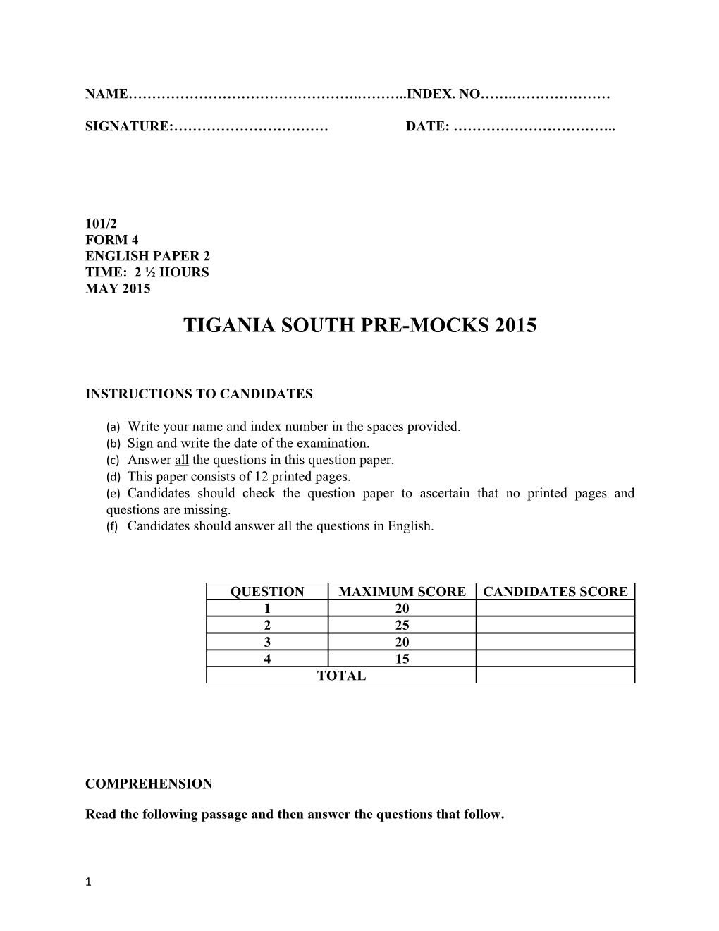 Tigania South Pre-Mocks 2015