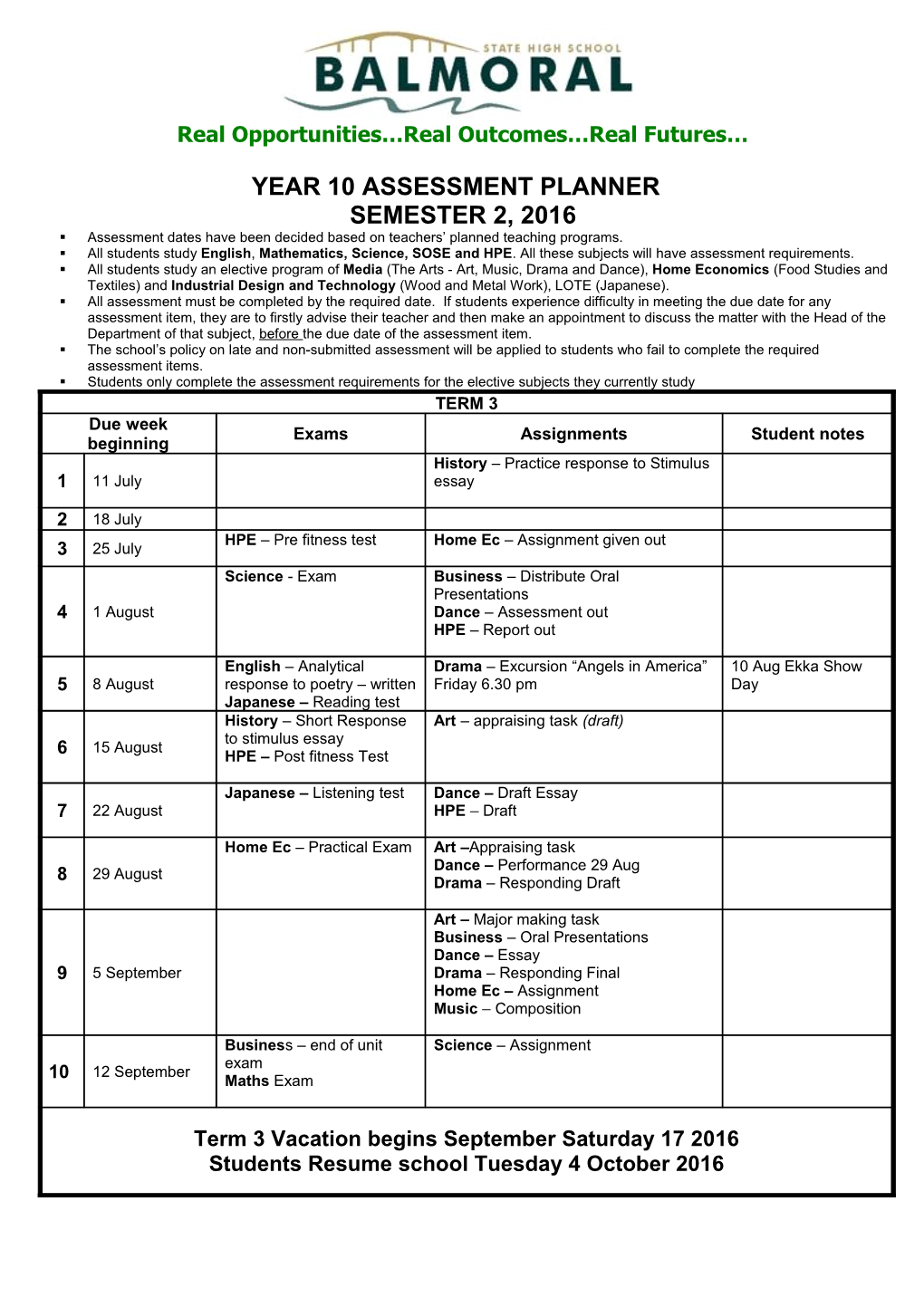 Assessment Planner Year 10 Sem 2 2016