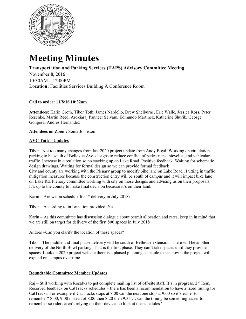 Transportation and Parking Services (TAPS) Advisory Committee Meeting