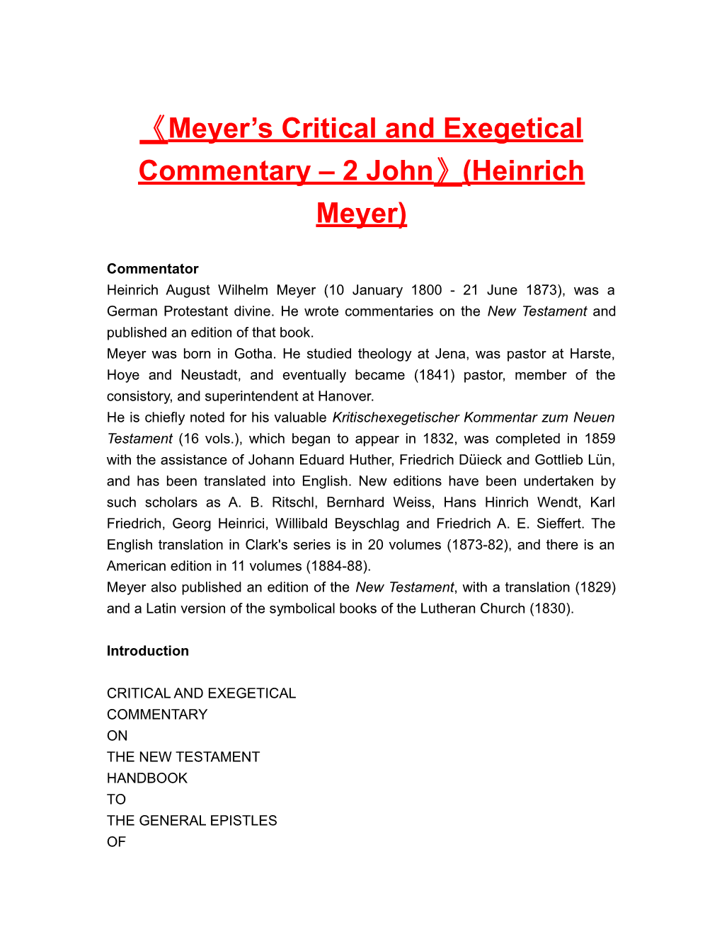 Meyer S Critical and Exegetical Commentary 2 John (Heinrichmeyer)