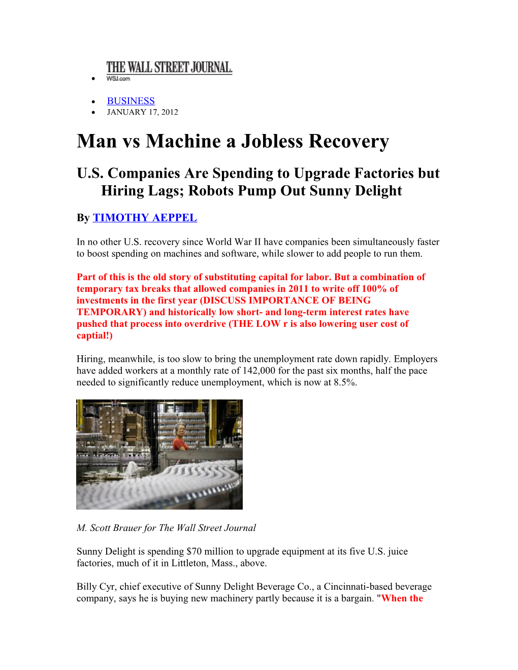 Man Vs Machine a Jobless Recovery