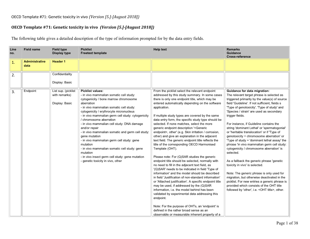 OECD Template #71: Genetic Toxicity in Vivo(Version 5. - August 2018 )