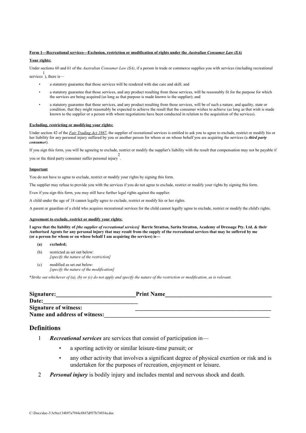 Form 1 Recreational Services Exclusion, Restriction Or Modification of Rights Under The