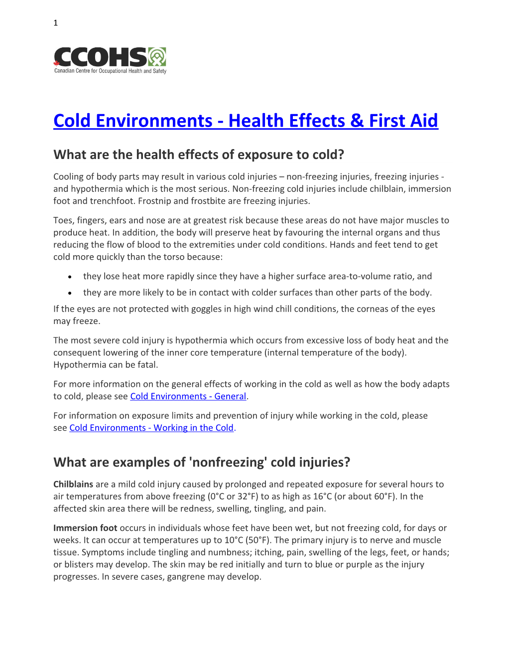 Cold Environments - Health Effects & First Aid