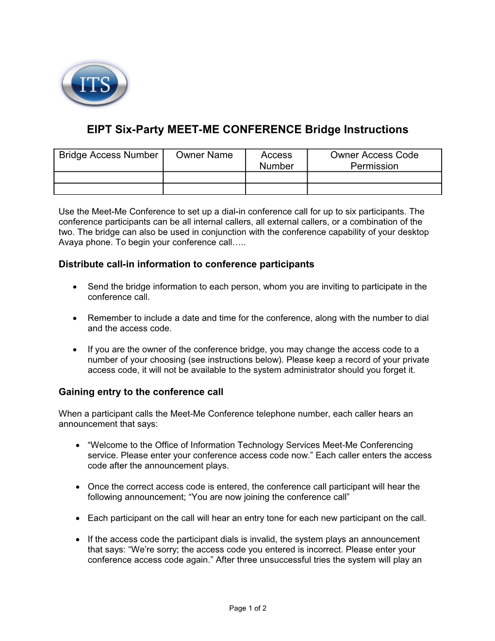 EIPT Six-Party MEET-ME CONFERENCE BRIDGE INSTRUCTIONS