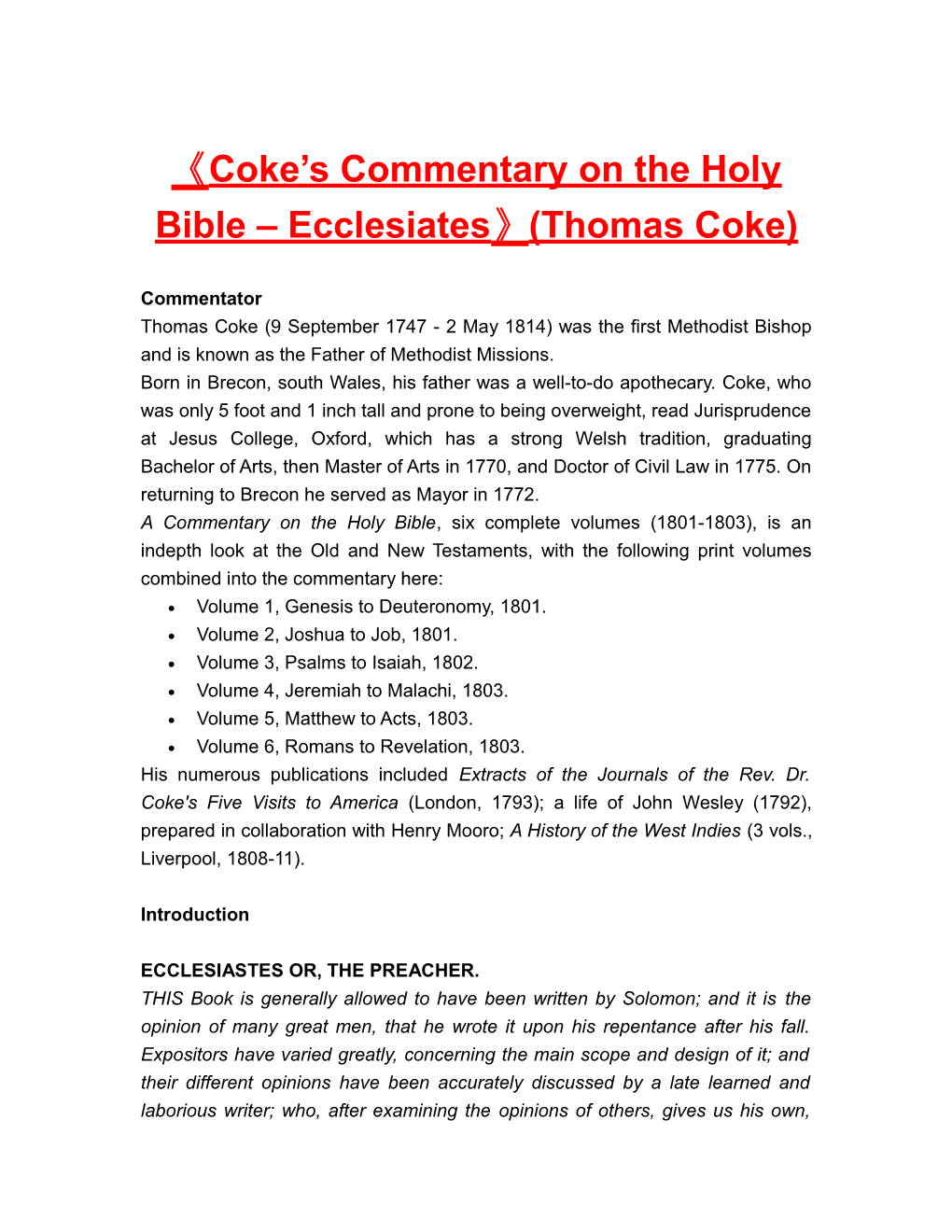 Coke S Commentary on the Holy Bible Ecclesiates (Thomas Coke)